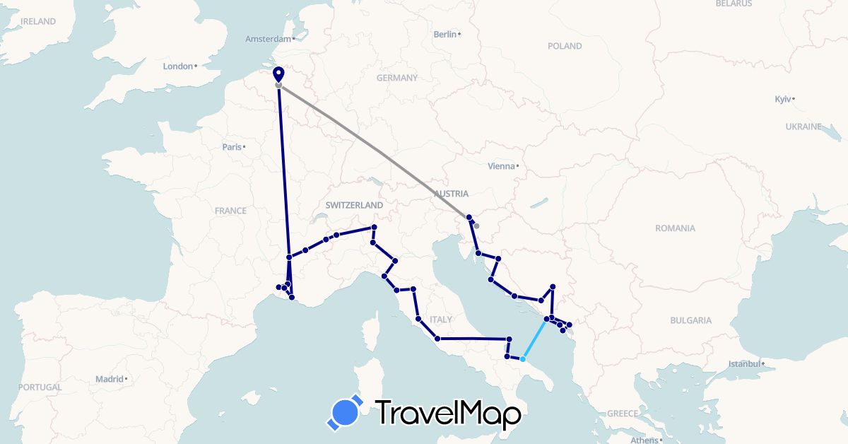 TravelMap itinerary: driving, plane, boat in Bosnia and Herzegovina, Belgium, France, Croatia, Italy, Montenegro, Slovenia (Europe)